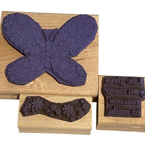 Stampin Up! Reason To Smile Wood Mounted Rubber Stamps Set Of 3 Butterfly & Flor - Picture 2 of 3
